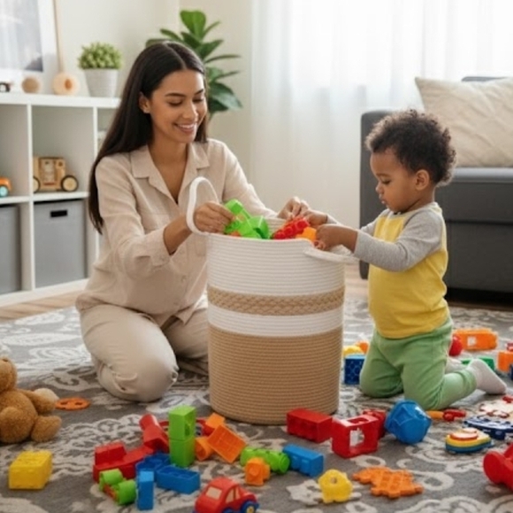 100% Cotton Woven Storage Basket – Cream & Tan Boho Organizer - Picture 3 of 4